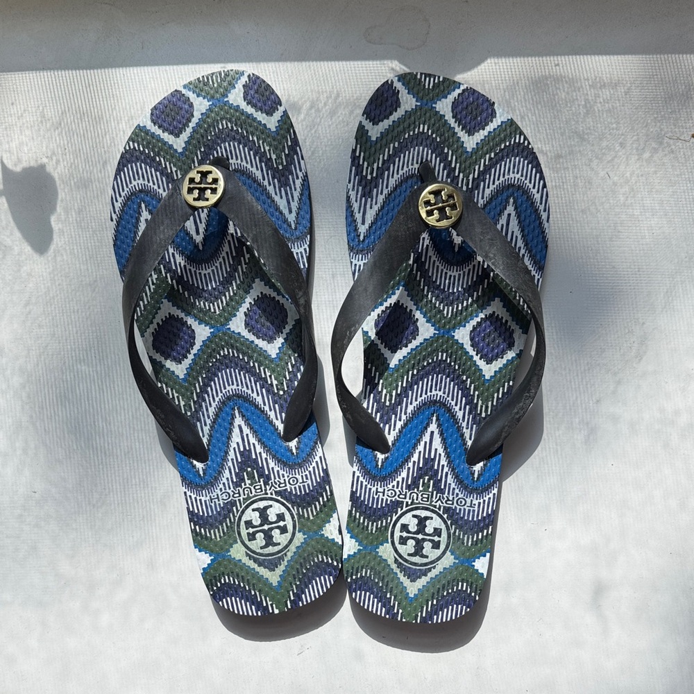 Tory Burch Blue and Black Patterned Flip Flops